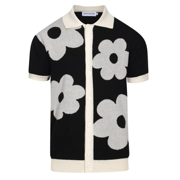 Ox Knit Men's 60s Mod Black & White Oversized Floral Knit Button Up Polo NWT - Picture 1 of 7